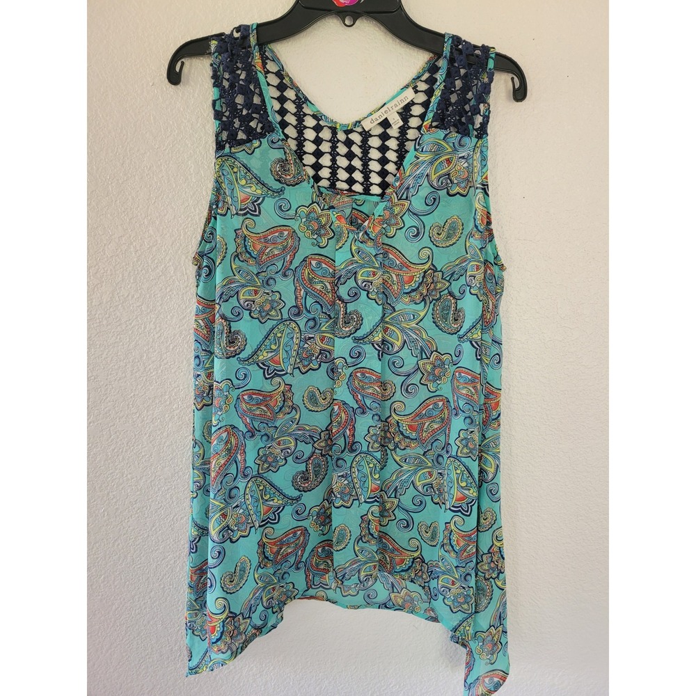 Daniel Rainn Teal Paisley Crochet Lace‎ V-Neck Sharkbite Hem Blouse Small #20